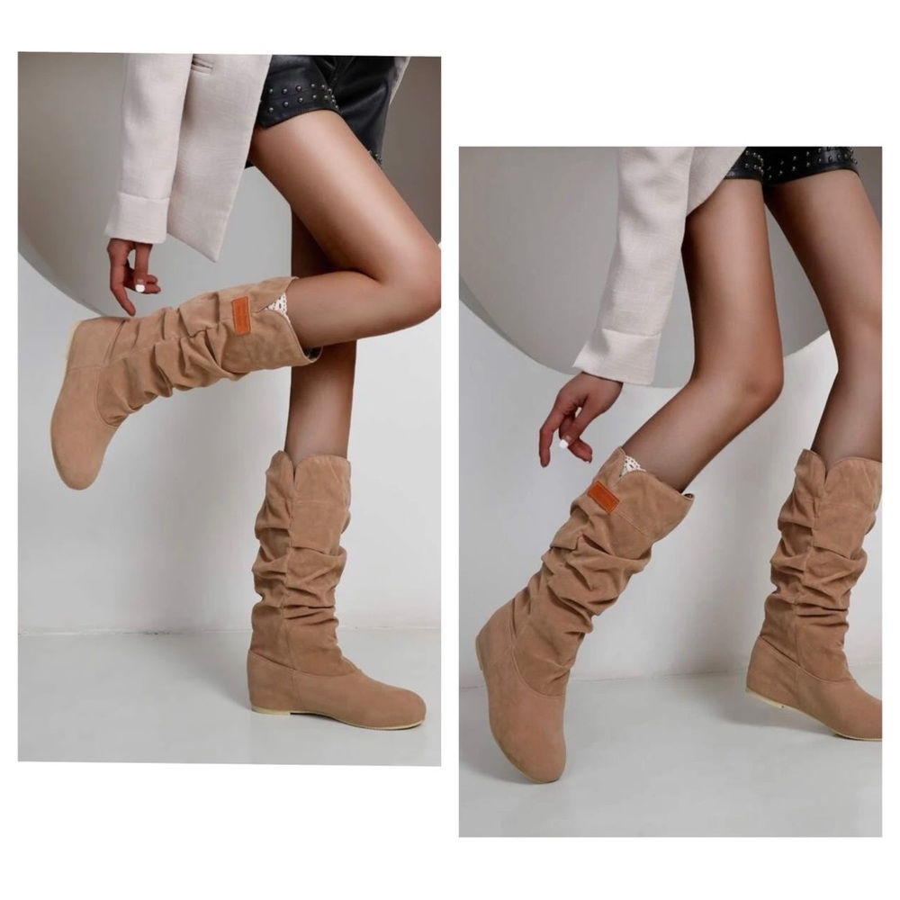 EMERY ROSE Suede Letter Patch Slouchy Boots